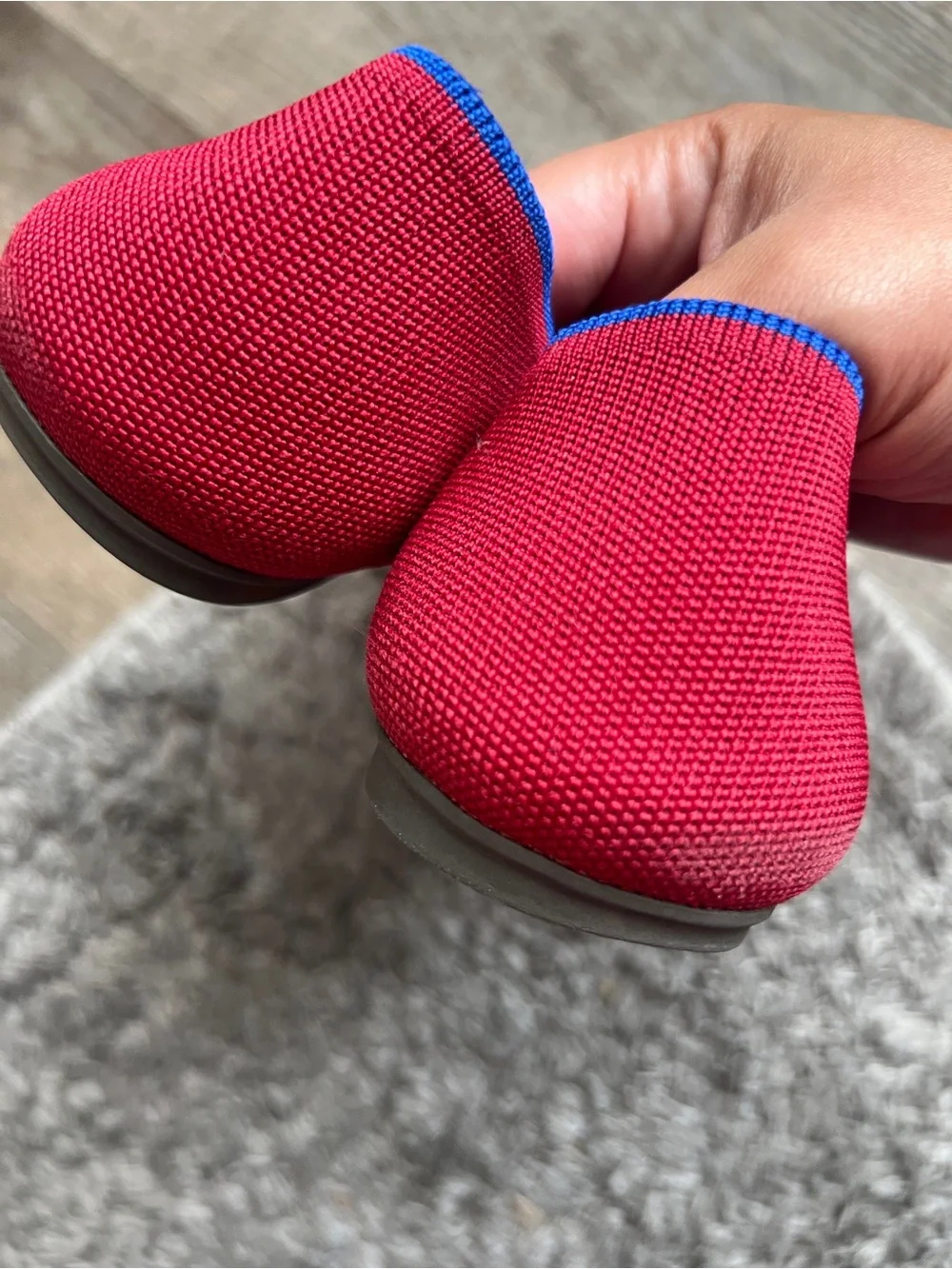 Rothy's Red Knit Pointed Ballet Flats with Blue Trim